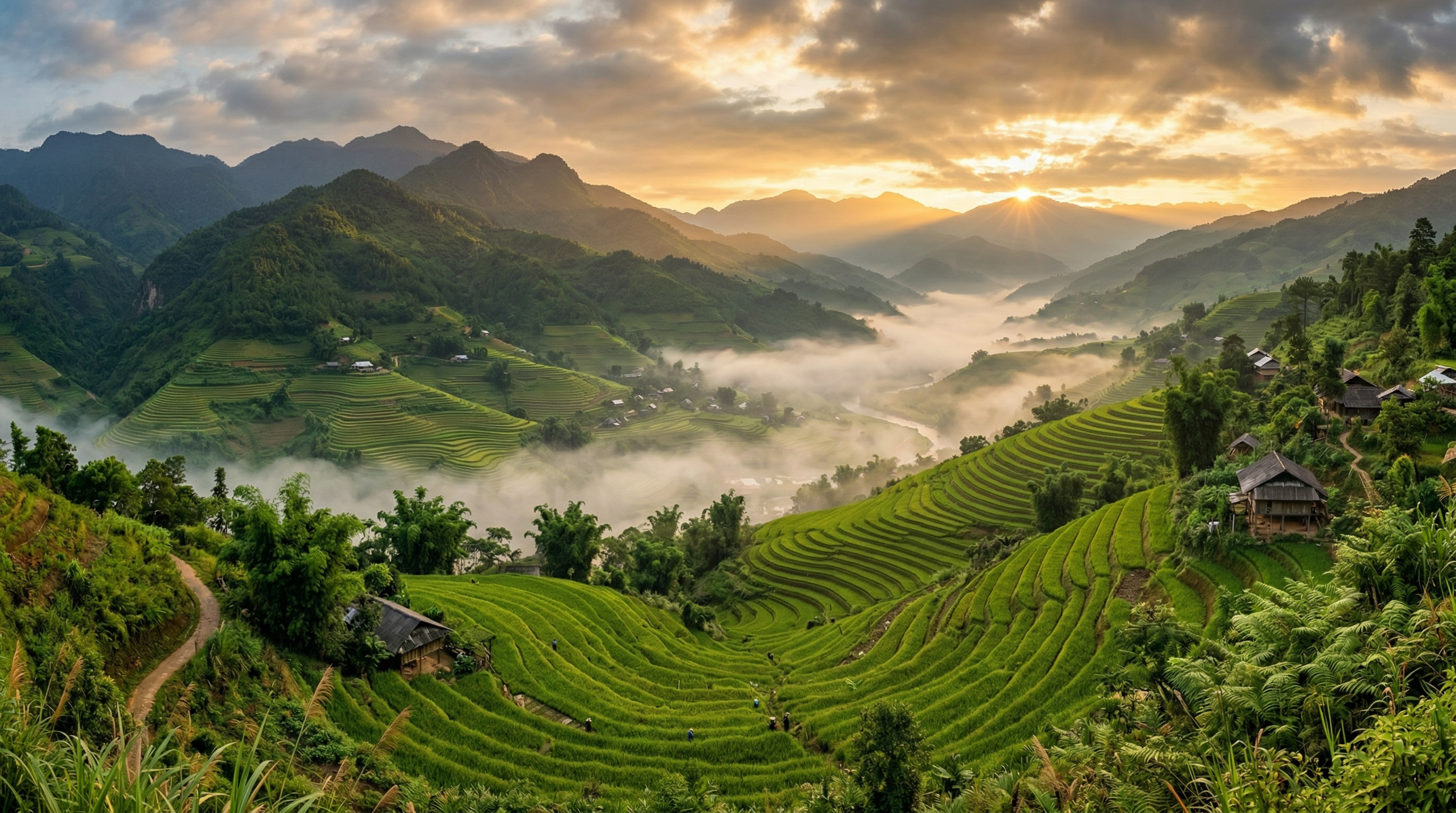 Misty mountain landscape of the Zogam highlands at sunrise